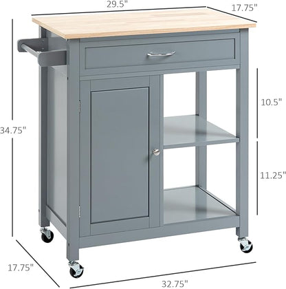 Kitchen Island Cart, Rolling Kitchen Island with Storage Shelf, Solid Wood Top, Drawer, for Dining Room, Gray