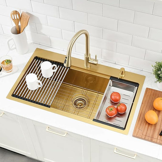 Gold Kitchen Sink Drop In, 33x19 Drop In Kitchen Sink Brushed Gold Stainless Steel Ledge Workstation Single Bowl 16 Gauge Handmade Deep Basin