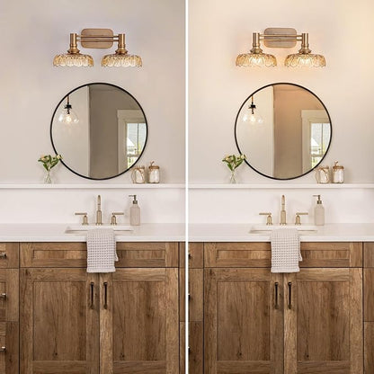 Vintage Bathroom Vanity Light Fixtures, 2-Light Brass Vanity Wall Light Over Mirror with Amber Glass Shade for Hallway Bedroom Living Room