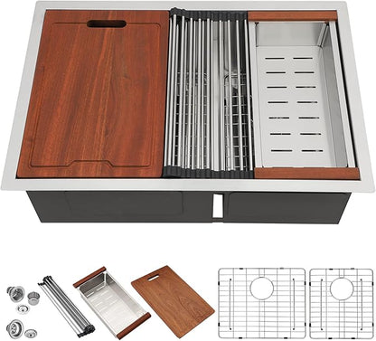 Lordear 28 Inch Undermount Kitchen Sink Double Bowl Stainless Steel 16 Gauge Undermount Workstation 60/40 Sink with Smart Low Divider 28x19 Inch Double Basin Under Counter Kitchen Sinks