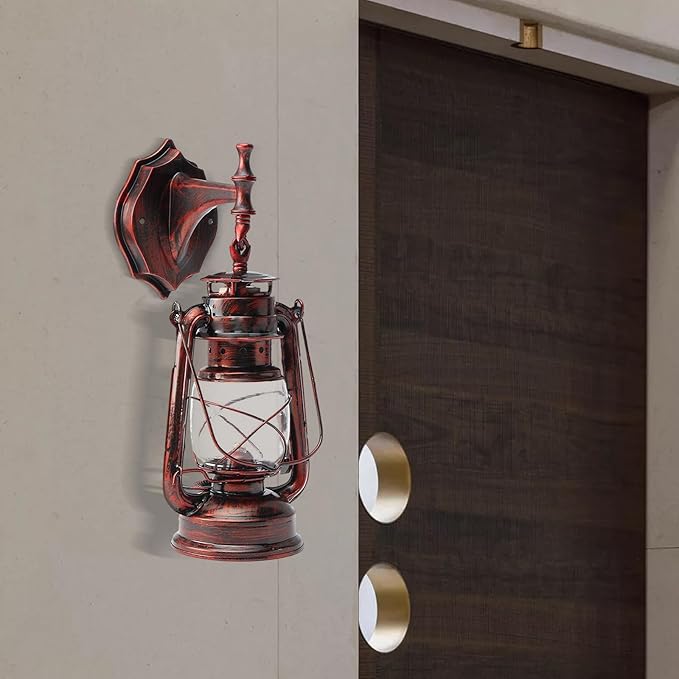 Retro Antique Vintage Rustic Wall Sconce, Lighting Lantern Mounted Light with Glass Indoor Light Fixture, Cabin Decor Lampshade for Hallway Farmhouse Loft (Red Bronze Coloured)