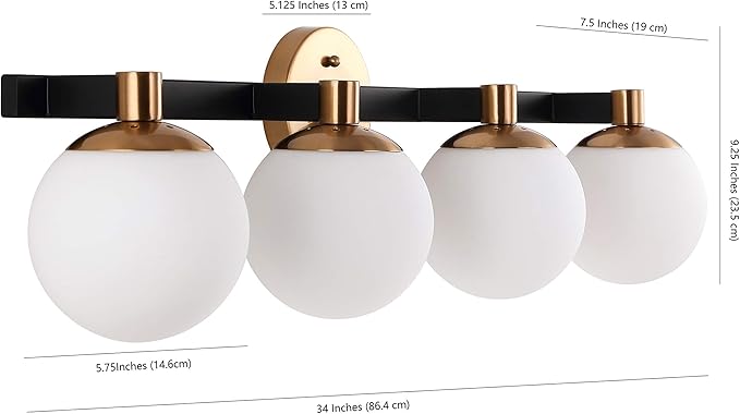 JONATHAN Y 34" Brass Gold/Black Modern Globe LED Vanity Wall Sconce Light, White Frosted Glass Shade, Mid-Century Art Deco Wall Lamp for Bathroom, Kitchen, Hallway (JYL3543A)