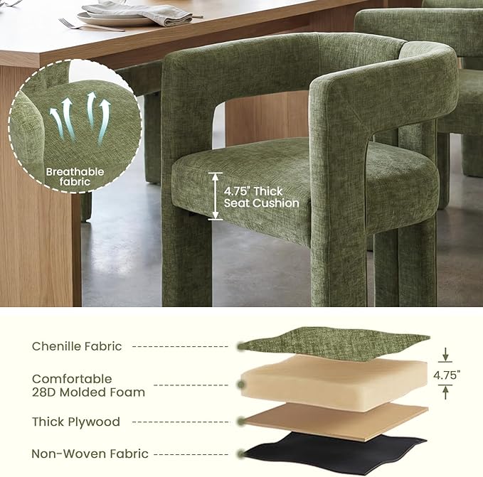 VESCASA Modern Barrel Dining Chairs Set of 4 with Open Back, Chenille Upholstered Accent Kitchen Armchairs with Wood Legs for Dining Room Reception Small Space, Green