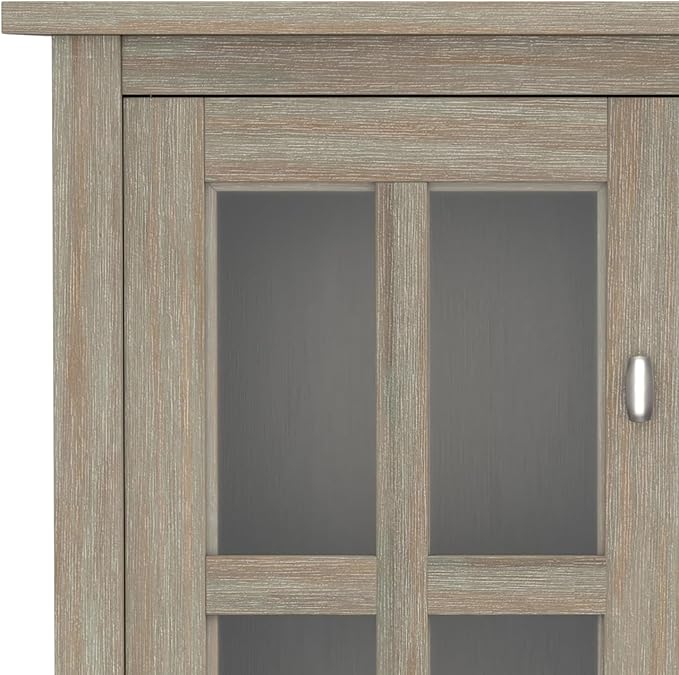 SIMPLIHOME Warm Shaker Storage Cabinet - 32 inch Wide Solid Wood 2-Shelf Low Storage Cabinet in Distressed Grey, Transitional Accent Cabinet for Entryway with Tempered Glass Doors and Shelves