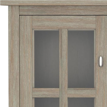 SIMPLIHOME Warm Shaker Storage Cabinet - 32 inch Wide Solid Wood 2-Shelf Low Storage Cabinet in Distressed Grey, Transitional Accent Cabinet for Entryway with Tempered Glass Doors and Shelves