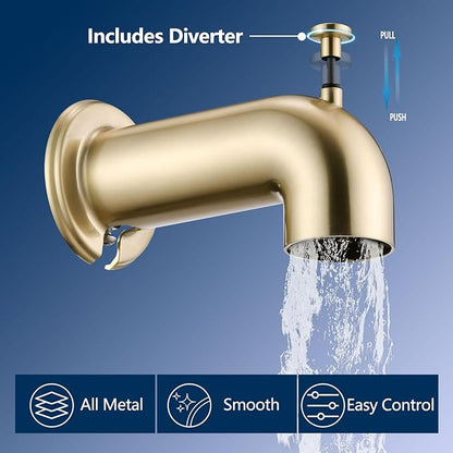 Slip-On Tub Spout with Diverter Long for Bathtub Spout, Fit for 1/2 Inch Slip Pipe, Brushed Gold