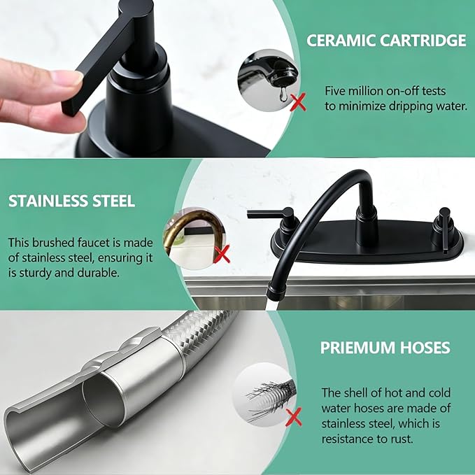 Modern 2 Handle Kitchen Sink Faucet with Side Sprayer, High Arc 360 Swivel Stainless Steel 3 or 4 Hole Kitchen Faucet for Rv Camper Laundry Utility Bar Sinks, Matte Black
