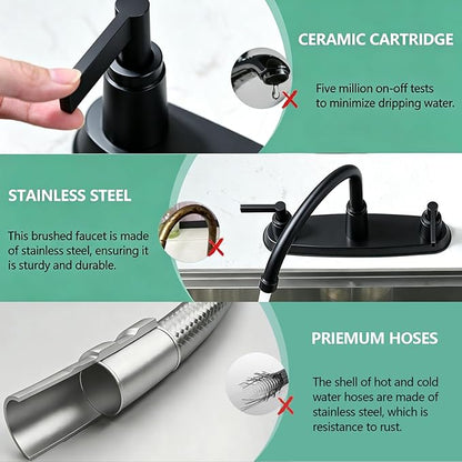 Modern 2 Handle Kitchen Sink Faucet with Side Sprayer, High Arc 360 Swivel Stainless Steel 3 or 4 Hole Kitchen Faucet for Rv Camper Laundry Utility Bar Sinks, Matte Black