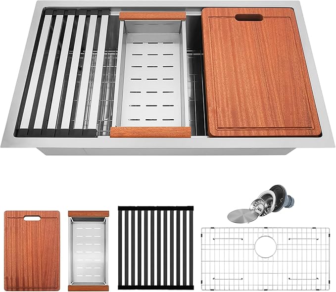 Stainless Steel Undermount Kitchen Sink, 16 Gauge T-304S Workstation Sinks with Accessories, 33" x 18" x 10" Large and Deep Single Bowl Kitchen Sink For Home & Kitchen, Outdoor