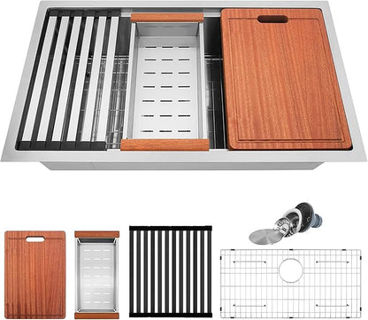 Stainless Steel Undermount Kitchen Sink, 16 Gauge T-304S Workstation Sinks with Accessories, 33" x 18" x 10" Large and Deep Single Bowl Kitchen Sink For Home & Kitchen, Outdoor