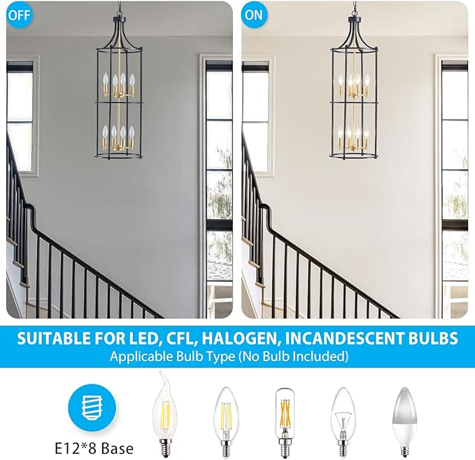 XINGQI Black and Gold Foyer Chandeliers for High Ceiling, Modern 8 Light Dinning Room Lantern Tiered Chandelier Cage Pendant Lighting Fixture for Staircase Entryway Living Room