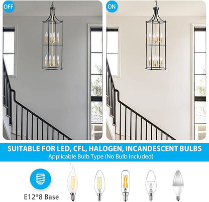XINGQI Black and Gold Foyer Chandeliers for High Ceiling, Modern 8 Light Dinning Room Lantern Tiered Chandelier Cage Pendant Lighting Fixture for Staircase Entryway Living Room