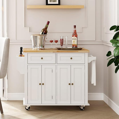 SogesHome Kitchen Island Cart with Storage Kitchen Cart Sideboard and Buffet with Wheels Bar Cart with Large Countertop, with Towel Holder and Spice Rack, 2 Drawers, 2-Door Cabinets, White&Maple