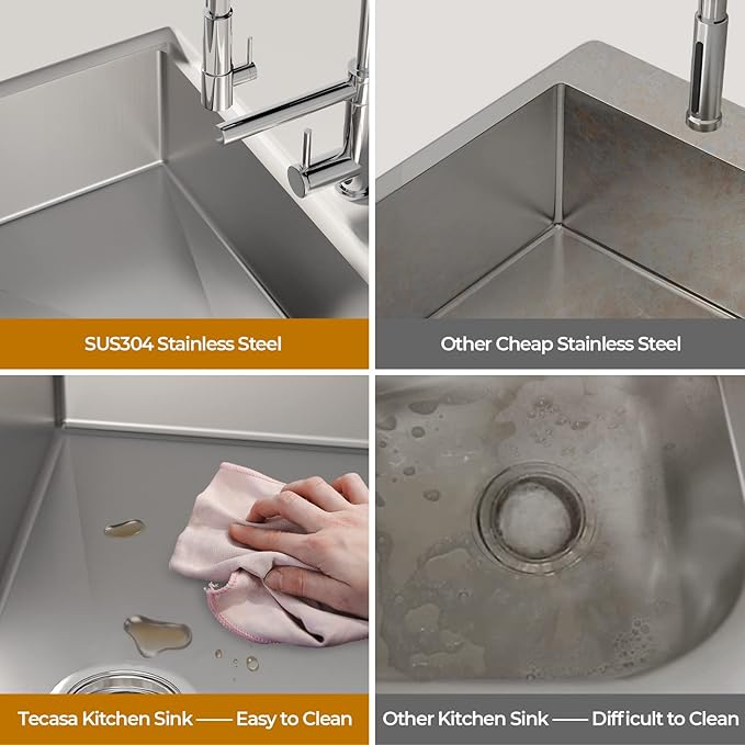 33 x 22 Drop-In/Undermount Kitchen Sink, TECASA Single Bowl Kitchen Sink, 18-Gauge T-304 Stainless Steel Basin with Workstation