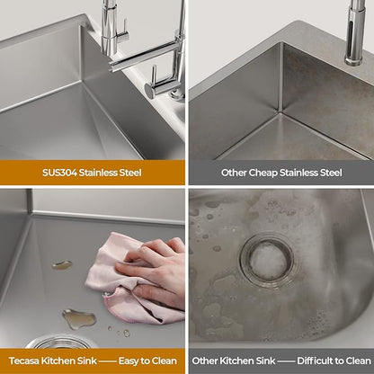 33 x 22 Drop-In/Undermount Kitchen Sink, TECASA Single Bowl Kitchen Sink, 18-Gauge T-304 Stainless Steel Basin with Workstation
