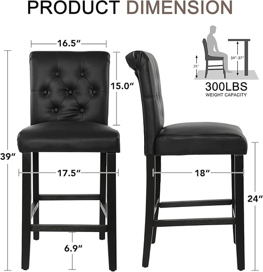 LSSBOUGHT 24 Inches Leather Counter Height Stools Set of 4 with Solid Wood Legs Bar Chairs for Kitchen lsland & Dining Room(Black,4PCS)