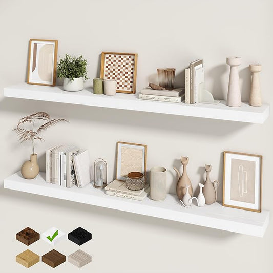 Fun Memories 60 Inch Fireplace Mantel - Long Floating Shelf, Wall Mounted Farmhouse Display with Invisible Heavy Duty Metal Bracket, White, 2 Pack