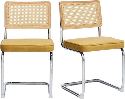 Rattan Back Velvet Dining Chair Set of 2 Modern Stainless Chrome Base Armless Upholstered Side Chair for Dining Room, Kitchen Island, Gold