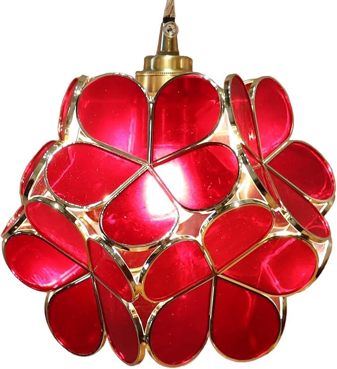 Bieye L10876 Petals Tiffany Style Stained Glass Ceiling Pendant Light with 8-inch Wide Lampshade (Deep Red, 8" Cherry Blossom)