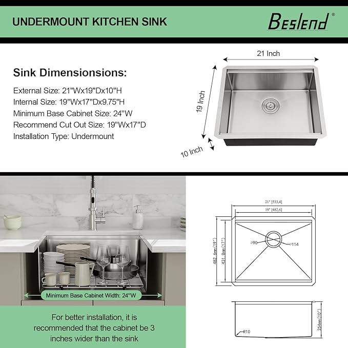21 Undermount Kitchen Sink - Beslend 21x19 Inch Under Counter Sink Ledge Workstation Kitchen Sinks Stainless Steel 16 Gauge 10 Inch Deep Single Bowl Basin with Accessories