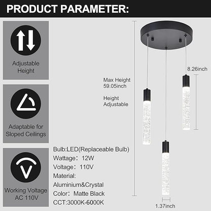 3 Light Pendant Lights Kitchen Island,Modern LED Bubble Crystal Pendants with Dimmable 3000K-6000K Ceiling Hanging Light Fixture for Dining Room Bedroom,Matte Black Finish,Adjustable Height 59"