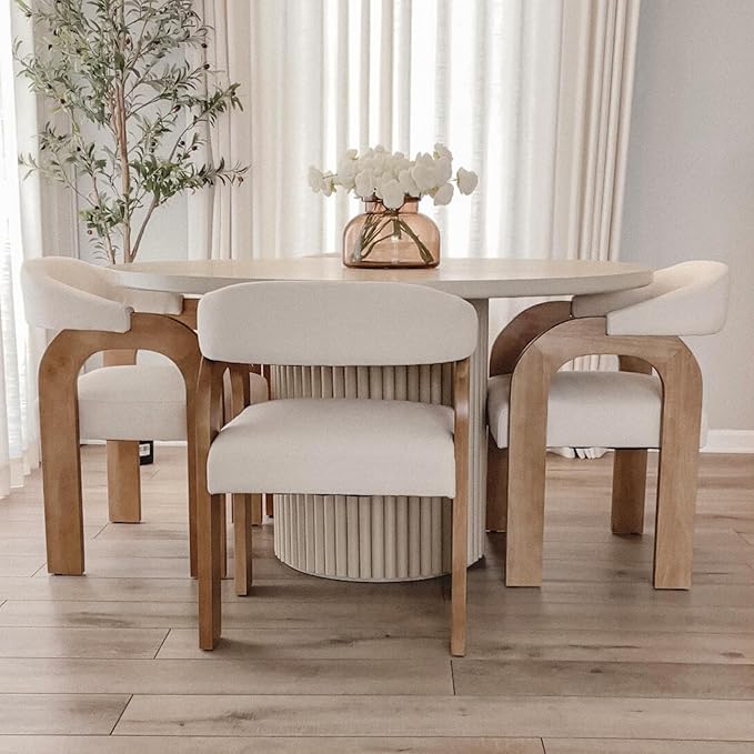 Farmhouse Dining Chairs Set of 6 - Upholstered Armchairs with Linen Cushions & Curved Wooden Arms, Barrel Wood Kitchen Chairs for Dining Room/Cafe/Kitchen Island (Oatmeal Beige)