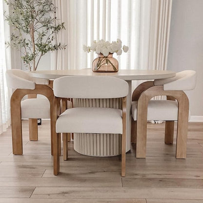 Farmhouse Dining Chairs Set of 2 - Upholstered Armchairs with Linen Cushions & Curved Wooden Arms, Barrel Wood Kitchen Chairs for Dining Room/Cafe/Kitchen Island (Oatmeal Beige)
