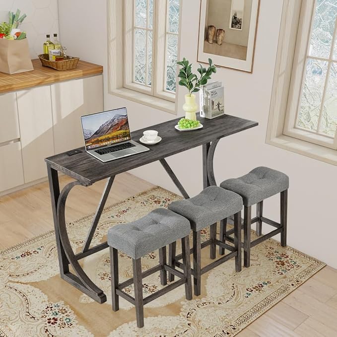 LKTART 4 Piece Kitchen Table Set, Counter Height Bar Table Set with Socket and 3 Padded Stools Industrial Breakfast Nook Table Set for Living Room, Dining Room,Small Space, Dark Gray