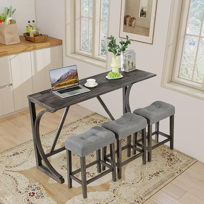 LKTART 4 Piece Kitchen Table Set, Counter Height Bar Table Set with Socket and 3 Padded Stools Industrial Breakfast Nook Table Set for Living Room, Dining Room,Small Space, Dark Gray