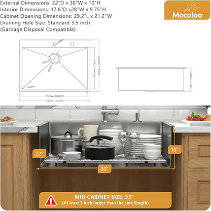 Mocoloo 30 x 22 Kitchen Sink Drop in - 30 Inch Stainless Steel Kitchen Sinks Topmount 16 Gauge Single Bowl Above Counter Handmade Sink, 10'' Deep Basin
