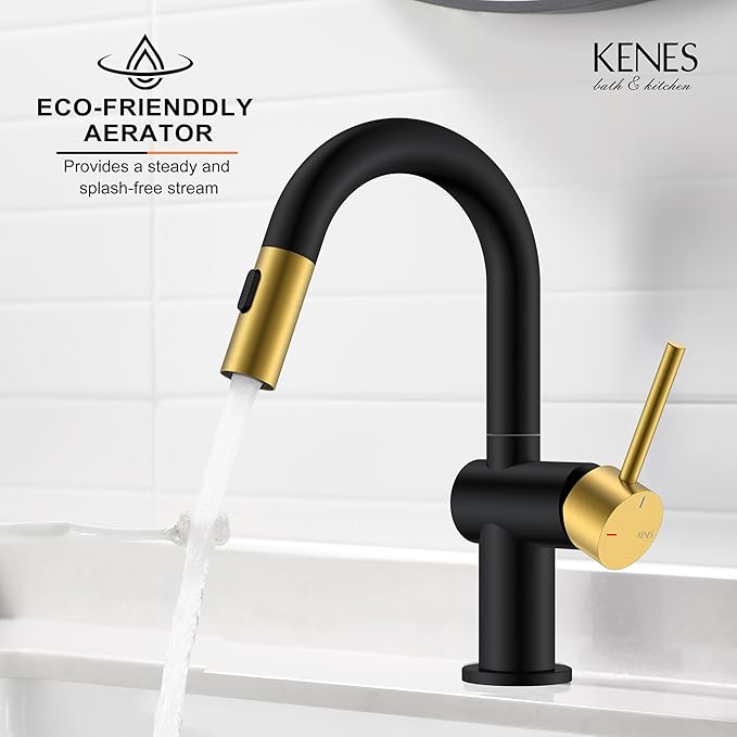 KENES Black and Gold Pull Down Bathroom Faucet 1 Hole, Single Handle Bathroom Sink Faucet with Pull Out Sprayer, Vanity Faucet with Pop Up Drain & Deck Plate, KE-9065B-BG