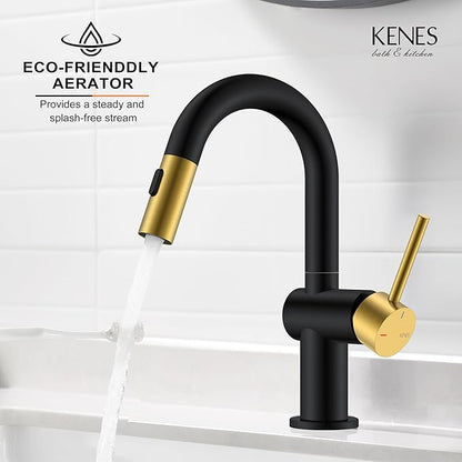 KENES Black and Gold Pull Down Bathroom Faucet 1 Hole, Single Handle Bathroom Sink Faucet with Pull Out Sprayer, Vanity Faucet with Pop Up Drain & Deck Plate, KE-9065B-BG