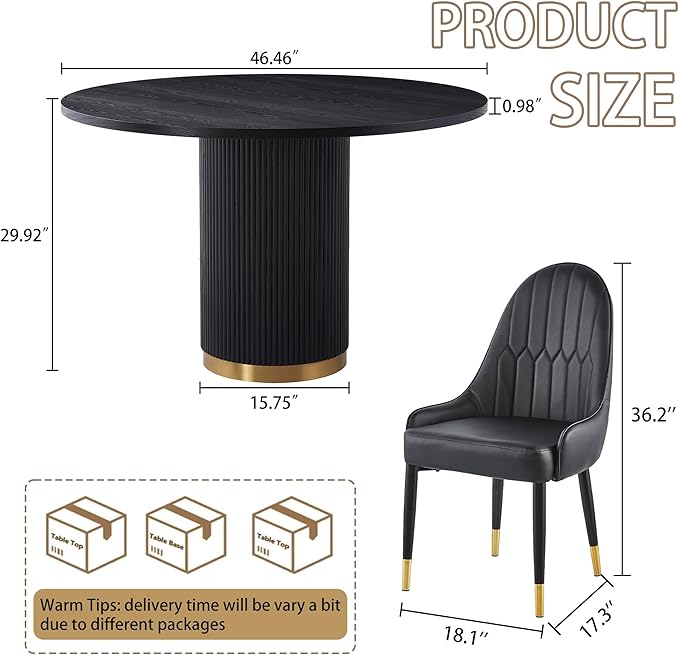 Round Dining Table Set for 6, 46.46" Modern Farmhouse Dining Table and 4 Leather Dining Chair, Circle Kitchen Tables with Wood & Gold Stainless Steel Base for Living Room, Kitchen, Black