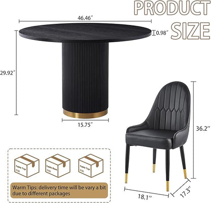 Round Dining Table Set for 6, 46.46" Modern Farmhouse Dining Table and 4 Leather Dining Chair, Circle Kitchen Tables with Wood & Gold Stainless Steel Base for Living Room, Kitchen, Black