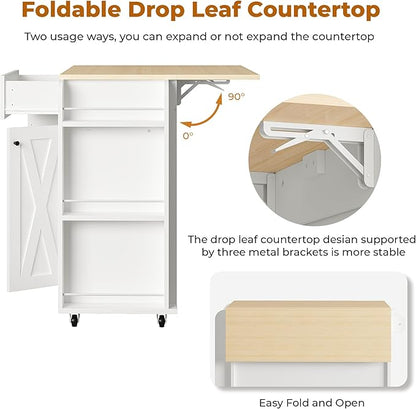 IRONCK Kitchen Island with Drop Leaf and Wine Rack, Rolling Kitchen Island on Wheels with Storage, Kitchen Island Cart with 3 Spice Rack, 3 Open Shelves, and Drawer, White