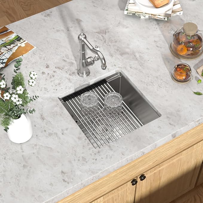 17x17 Undermount Bar Sink - Workstation 16 Gauge 304 Stainless Steel Single Bowl Wet Prep Sink with Cutting Board for Kitchen Bar, RV, and Boat #TLU-0021