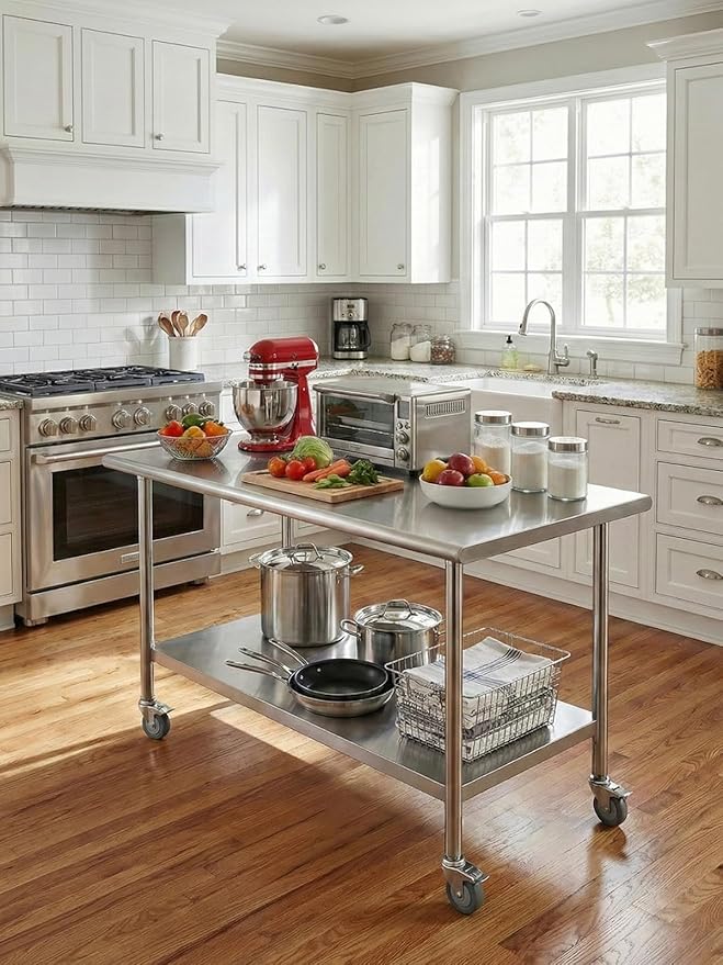 Atelicf All-Stainless Steel Prep Table, 24 X 48 Inches, with Wheels and Adjustable Undershelf, Heavy-Duty for BBQ,Restaurants,Hotels,Workshops,Kitchens,Gardens, and Garages