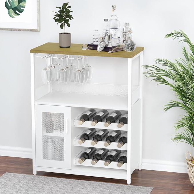 GAOMON Coffee Wine Bar Cabinet with Storage and Detachable Rack, Farmhouse Sideboard and Buffet Cabinet with Glass Holder and Mesh Door, Liquor Coffee Bar Cupboard, White
