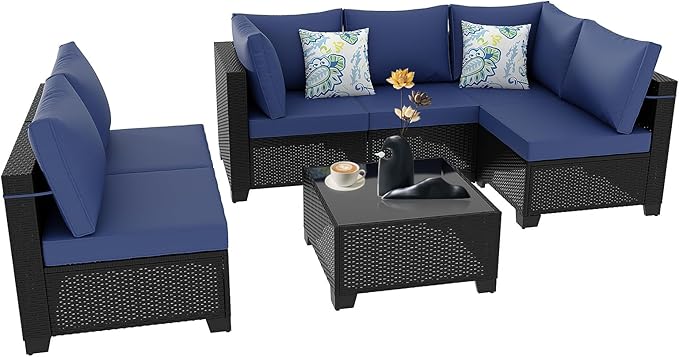 Outdoor Wicker Patio Furniture Set, Rattan Sectional Sofa Set with Thick Cushions (Coffee/Blue, 7 Piece Sofa Set)