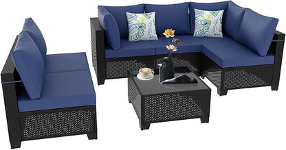 Outdoor Wicker Patio Furniture Set, Rattan Sectional Sofa Set with Thick Cushions (Coffee/Blue, 7 Piece Sofa Set)