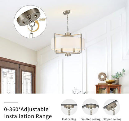 19.7'' Drum Chandeliers for Dining Room, 4-Light Brushed Nickel Rustic Kitchen Island Pendant Lighting with Wihte Fabric Lampshade, Adjustable Hanging Light Fixture for Foyer Bedroom Living Room