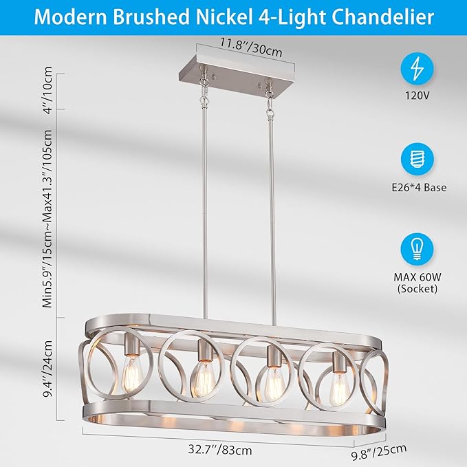 XINGQI Kitchen Island Chandelier for Dining Room Modern Farmhouse Brushed Nickel Rectangle Pendant Lighting Fixture Vintage Linear Hanging 4-Light Rustic Living Room Lights