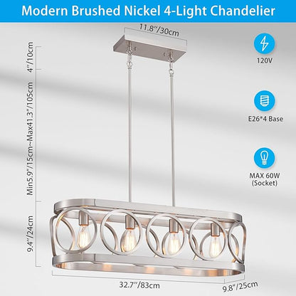 XINGQI Kitchen Island Chandelier for Dining Room Modern Farmhouse Brushed Nickel Rectangle Pendant Lighting Fixture Vintage Linear Hanging 4-Light Rustic Living Room Lights