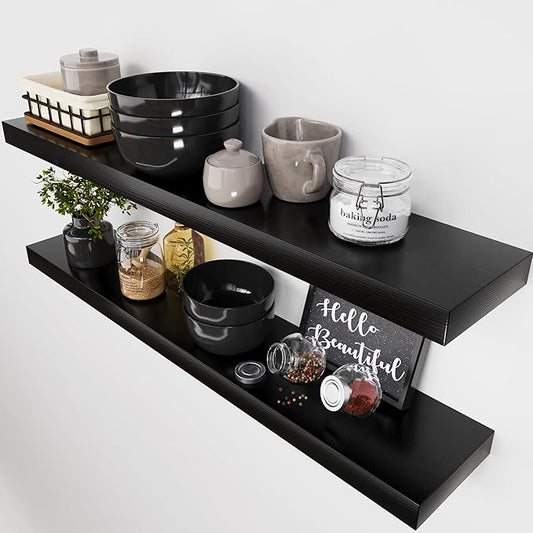 BAOBAB WORKSHOP Wood Floating Shelves for Wall 36 Inches Long - Heavy Duty Wall Shelf for Bedroom, Solid Wooden Bathroom Shelves Large 36 Inch Kitchen Farmhouse - Black Shelf, 36W × 6.7D, Set of 2