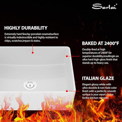 Sarlai 30 White Farmhouse Sink - 30 x 20 Inch Apron Front Kitchen Sink Farm Farmer Sinks White Ceramic Fireclay Single Bowl Basin