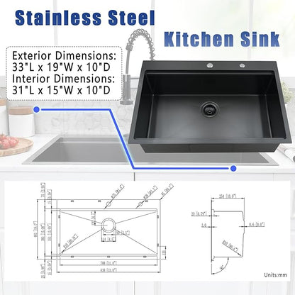33x19 Black Drop In Kitchen Sink with Faucet - 33 Inch Drop In Kitchen Sink Workstation, 10 Inch Deep Black Stainless Steel Single Bowl Sinks with Accessories