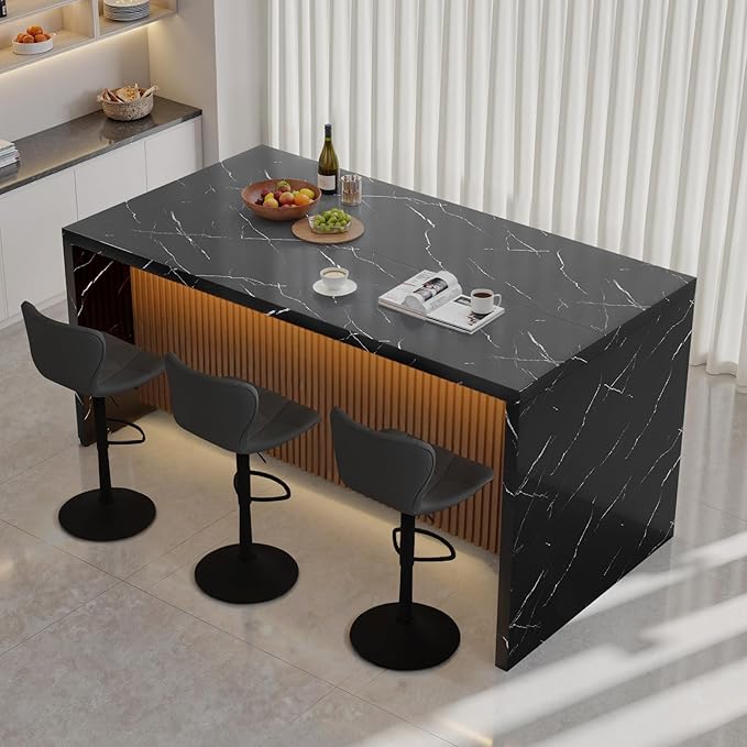 67" Large Modern Rectangle Dining Table for 4-6 People, Imitation Marble Island Table with LED Lights for Kitchen,Dining Room, Bar, Office, Living Room (Black)