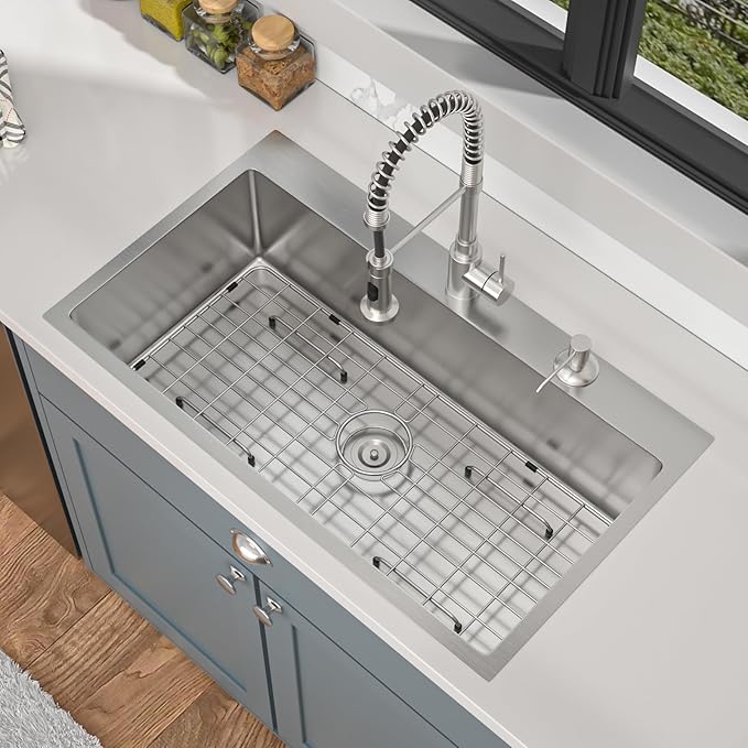 33 Inch Drop In Kitchen Sink - Mocoloo 33 x 19 Inch Stainless Steel Kitchen Sinks Topmount 16 Gauge Single Bowl Above Counter Handmade, 33''x19''x10'' Kitchen Sink Drop In with Offset Drainer
