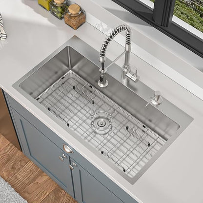 33 Inch Drop In Kitchen Sink - Mocoloo 33 x 19 Inch Stainless Steel Kitchen Sinks Topmount 16 Gauge Single Bowl Above Counter Handmade, 33''x19''x10'' Kitchen Sink Drop In with Offset Drainer