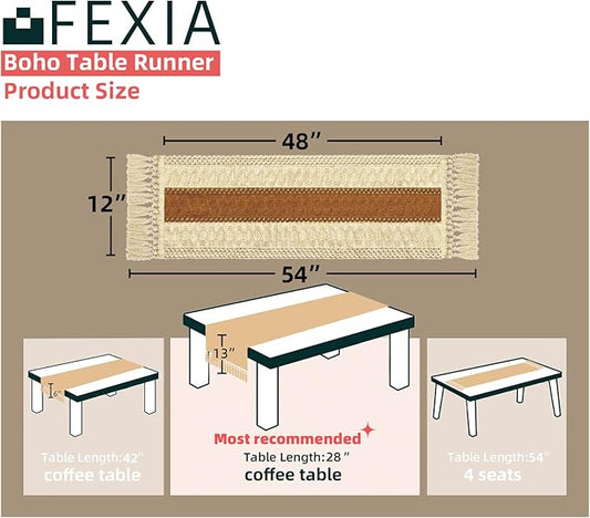 FEXIA Boho Table Runner 48 Inches Long Thanksgiving Decor with Tassels Farmhouse Style for Party Wedding Baby Bridal Shower Dining Decor Middle Brown (12x48 Inches)